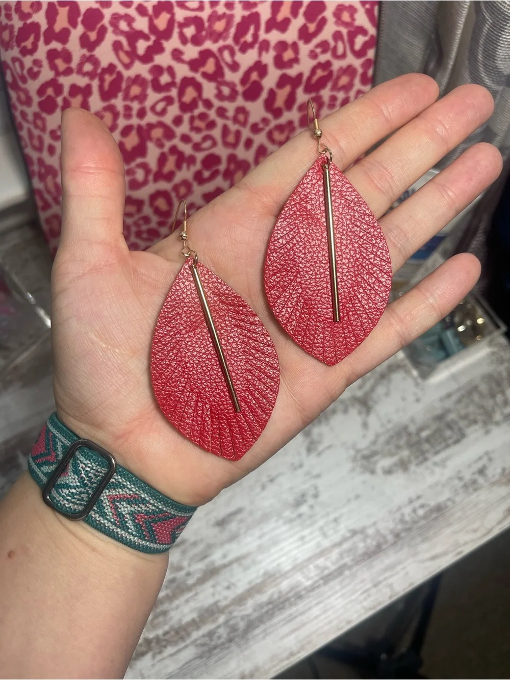 Boho Chic Vegan Leather Feather Leaf Drop Earrings with Gold Accent